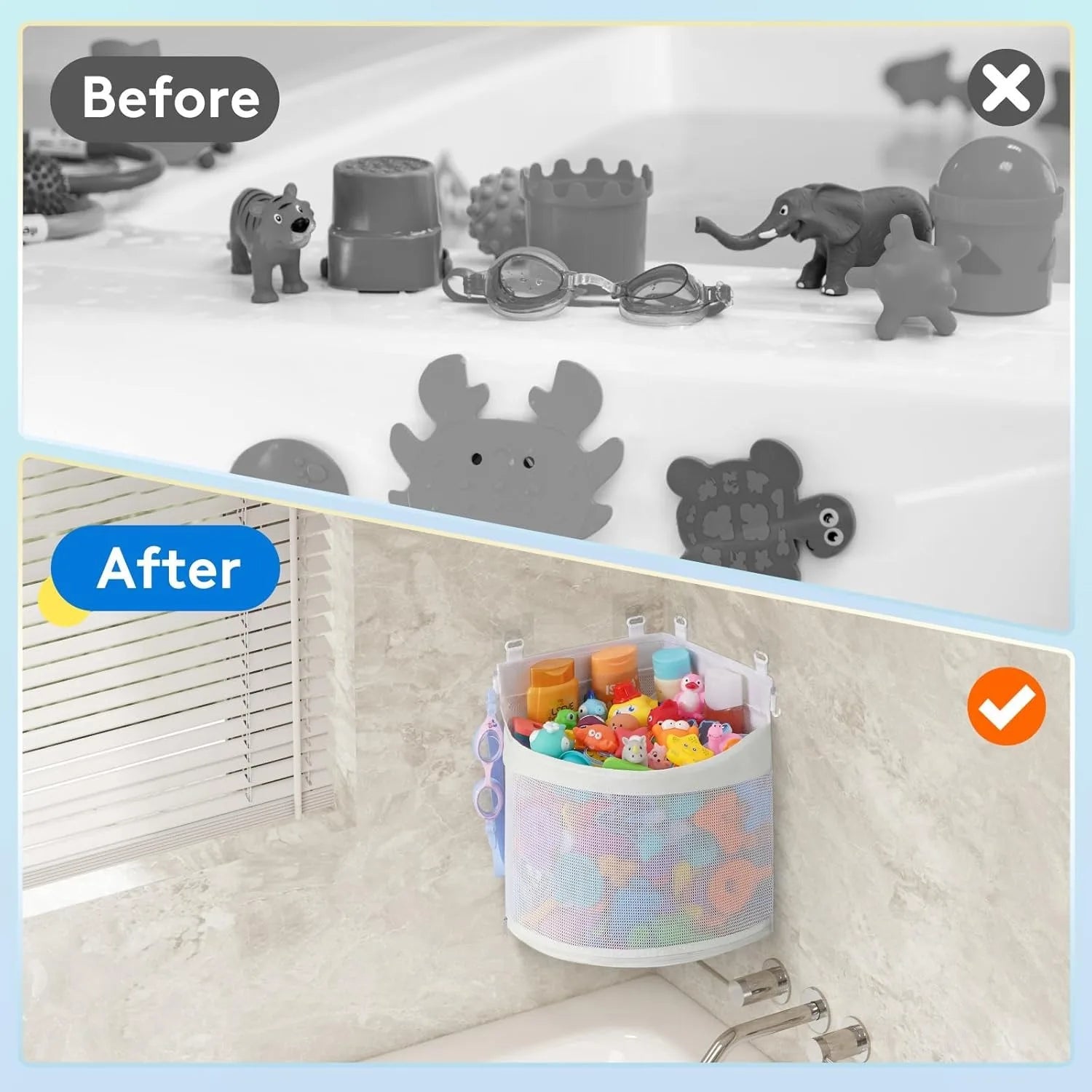 No-Drill Bathroom Toy Storage Bag – Large Capacity Mesh Organizer