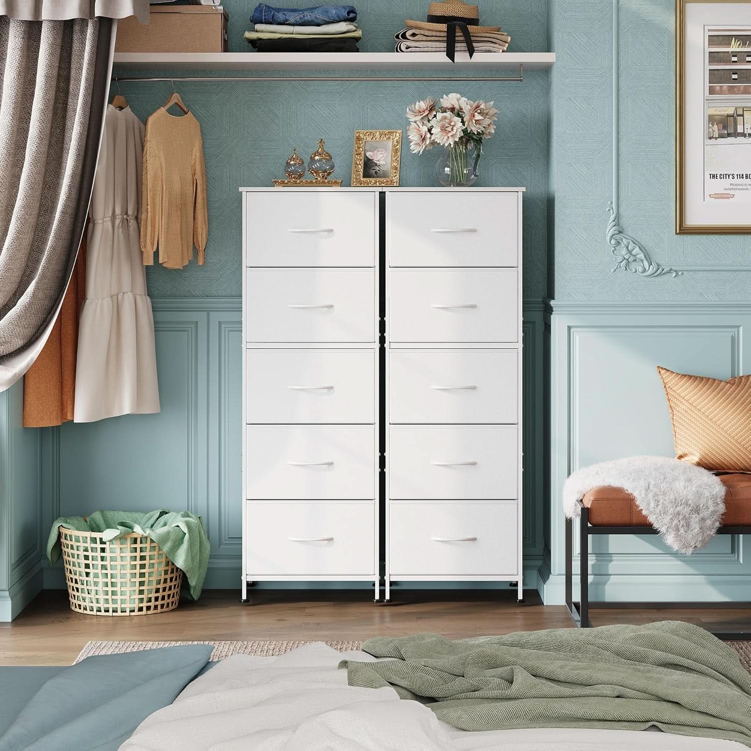 Fabric Dresser For Bedroom With Tall White Finish Storage