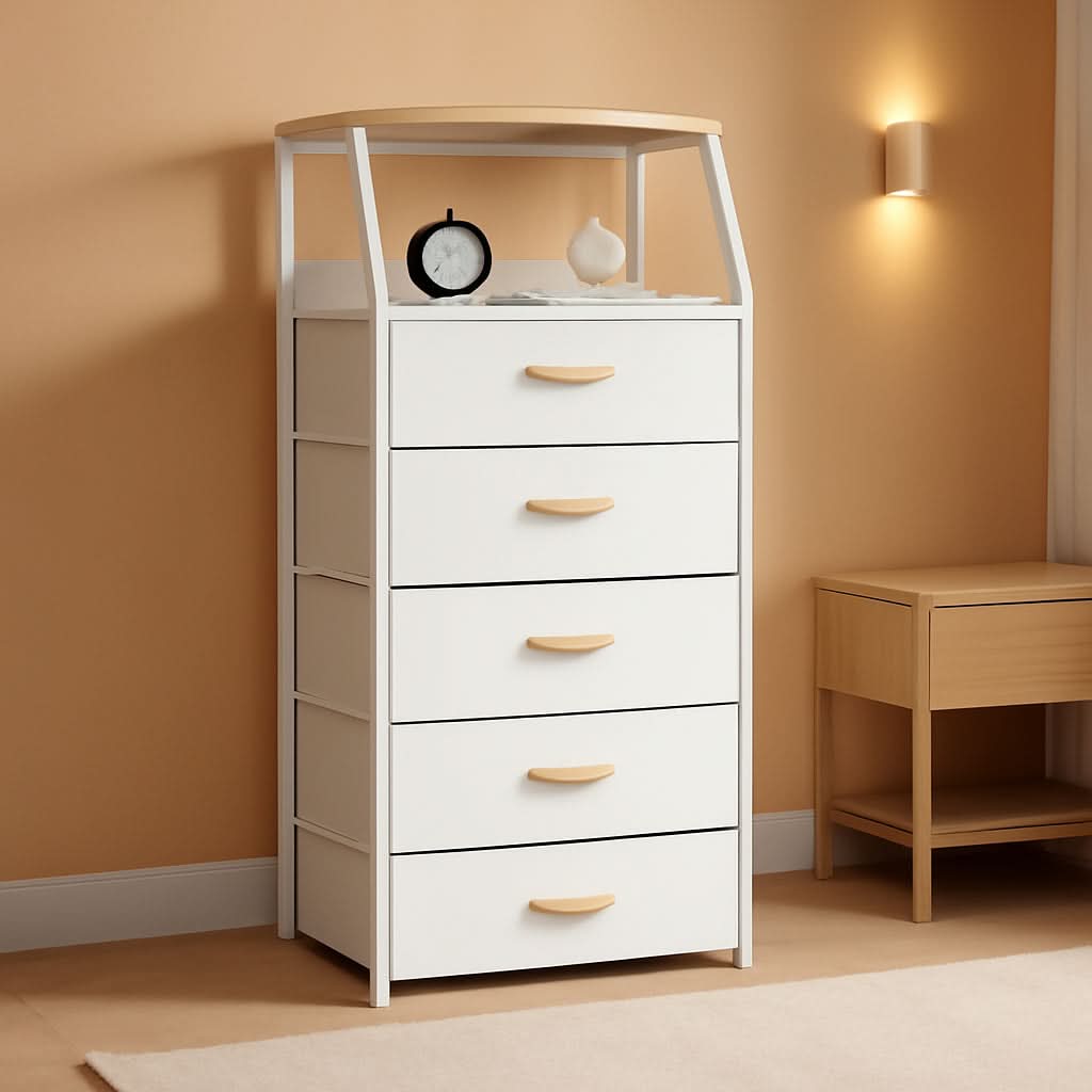 White Dresser With 5 Drawers And Wood Top Bedroom Storage
