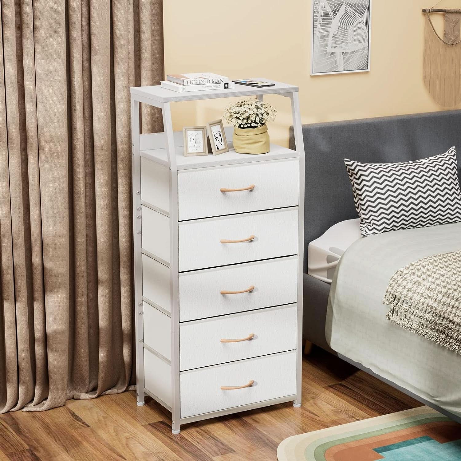 White Dresser With 5 Drawers And Wood Top Bedroom Storage