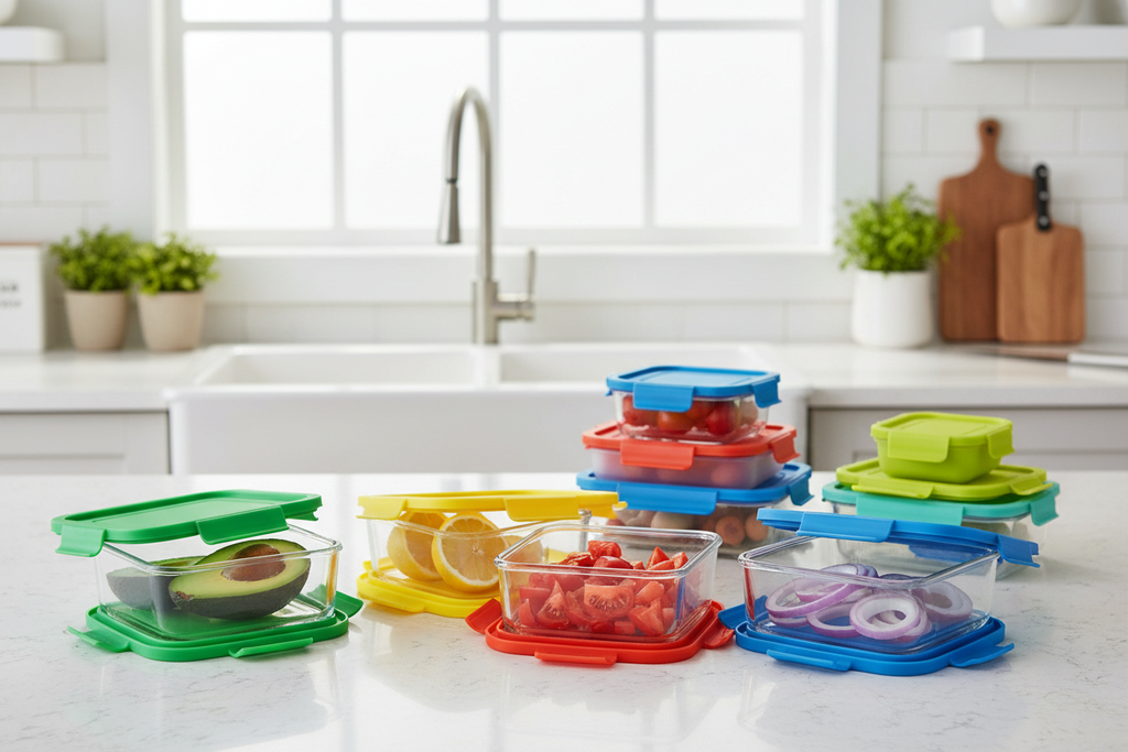 Colorful reusable produce storage containers with fresh avocado, tomato, lemon, and onion on a kitchen counter